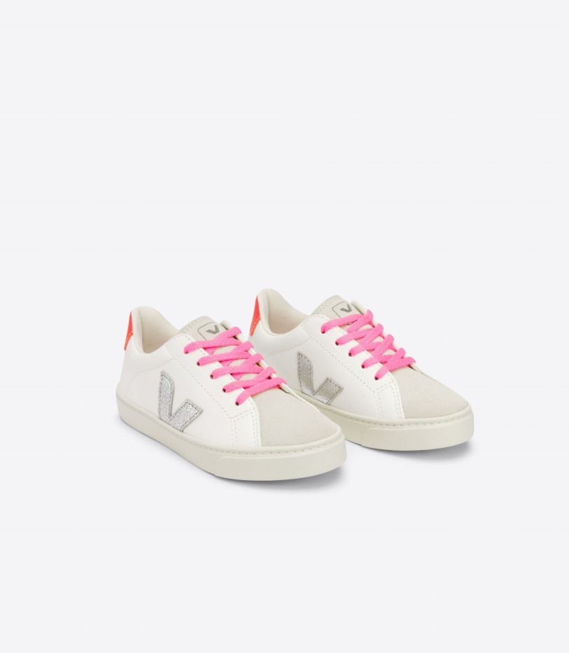 Veja Series Laces Chromefree Leather White Silver Orange Fluo